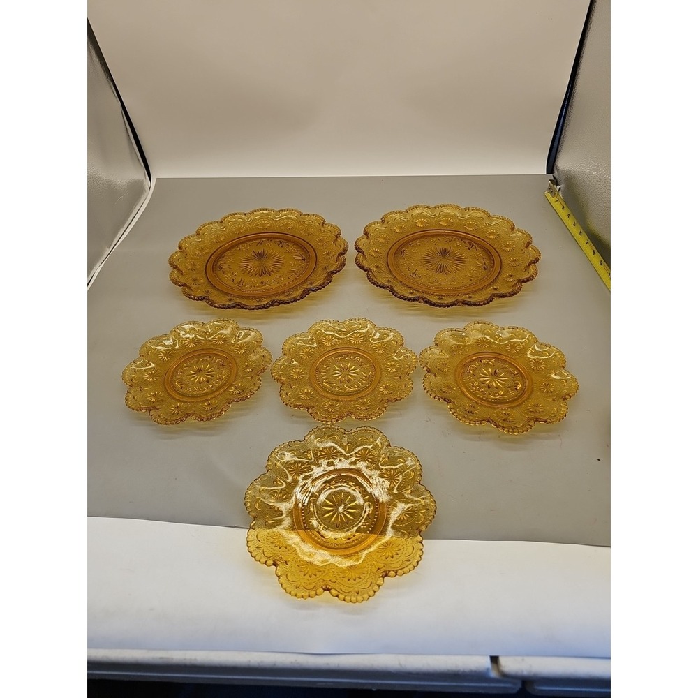 Lot of 4 Teacup Sacuers 6.5" 2- Dinner 10" Brockway Glass Co Amber Gold Concord